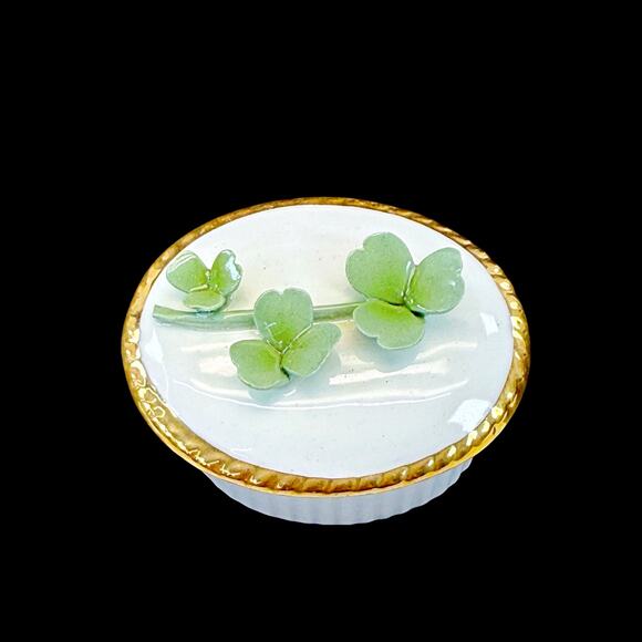 Vintage Dainty Delicate  Porcelain White Gold Clover 2" Trinket Box Irish Luck - Picture 1 of 5
